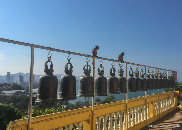 Sitzende Affen auf einer Stange mit Glocken beim Tempel Wat Khao Takiab