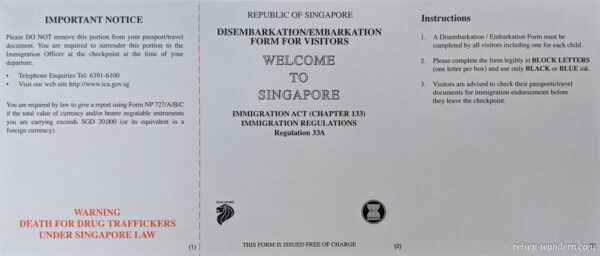 Einreisekarte Singapur -Landing Card - Rückseite